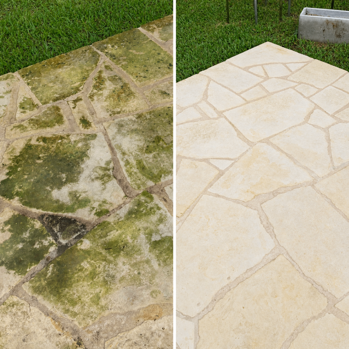 Before and after pressure washing — Flagstone